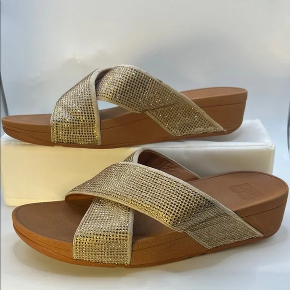 Fitflop Gold Rhinestones Crisscross Sandals-Size 9-Comfy-Slip on-Casual - Picture 3 of 16